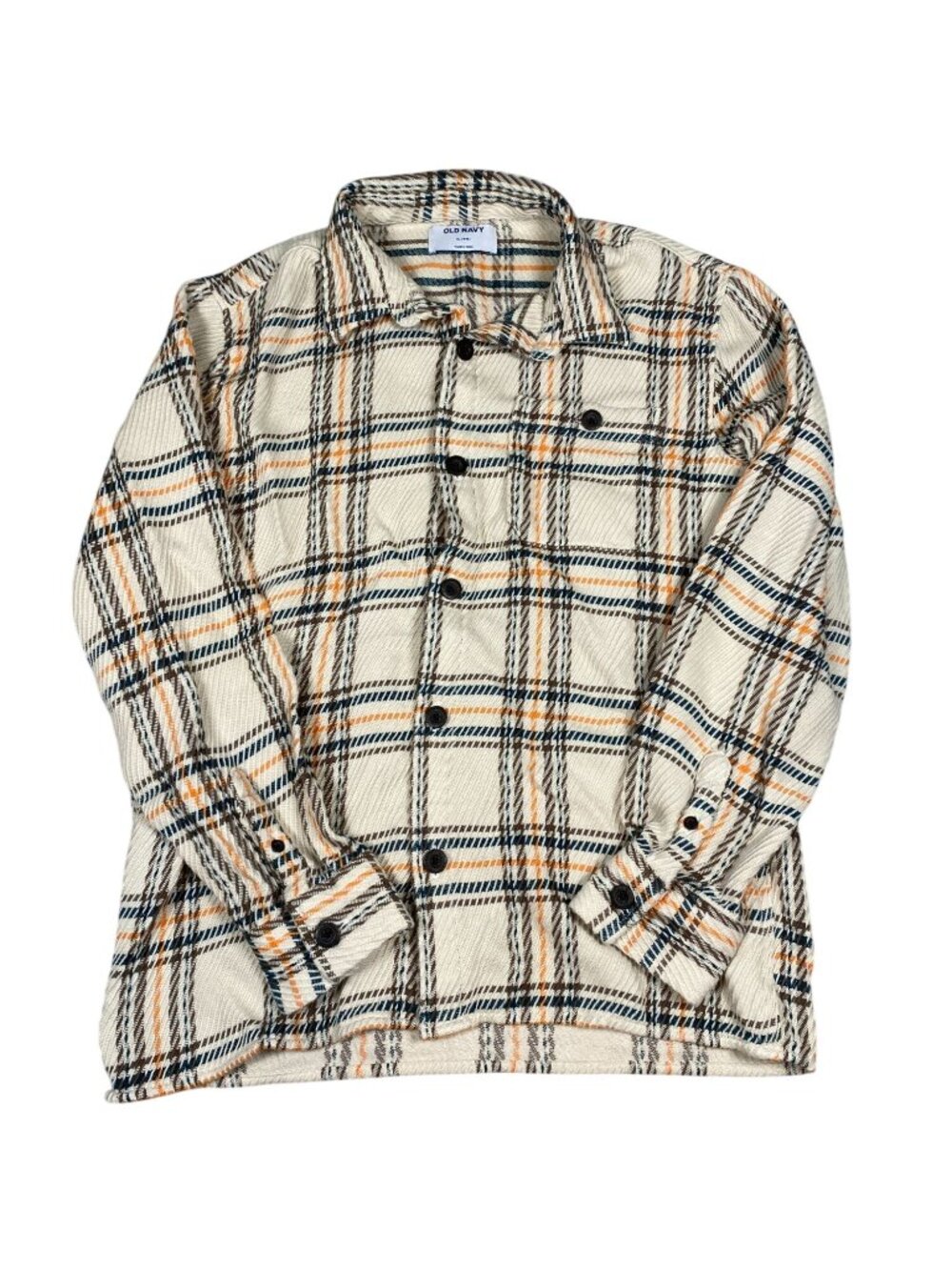 Old Navy Boys XL Plaid Button-Up Shirt Beige/Orange 100% Cotton Long Sleeve